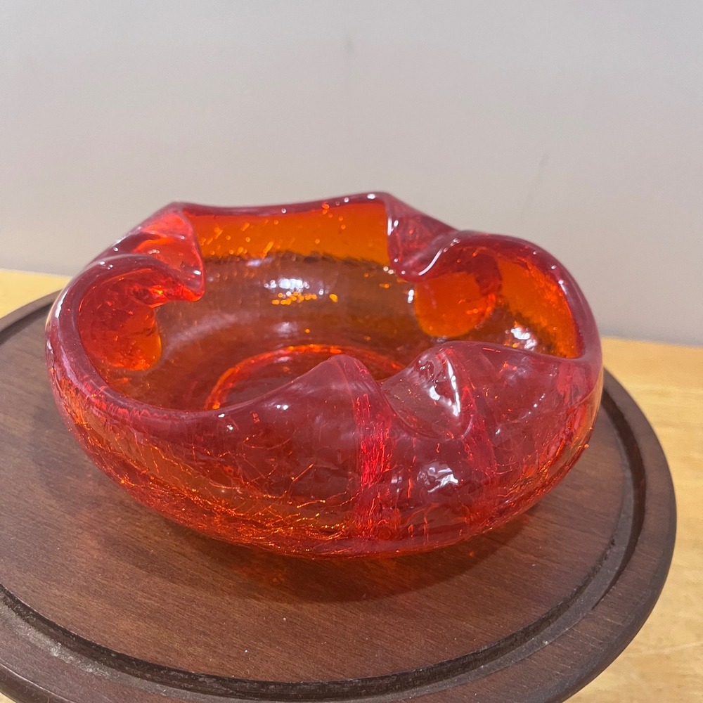 Vtg Viking Crackle Glass Ashtray MCM Red Orange Cadmium Glow 6" Round 3 Rest
